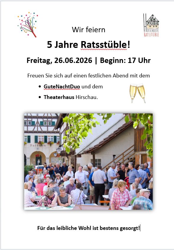 Feiern Sie mit uns 5 Jahre Ratsstüble! am Freitag, 26.02.2026 | Beginn: 17 Uhr